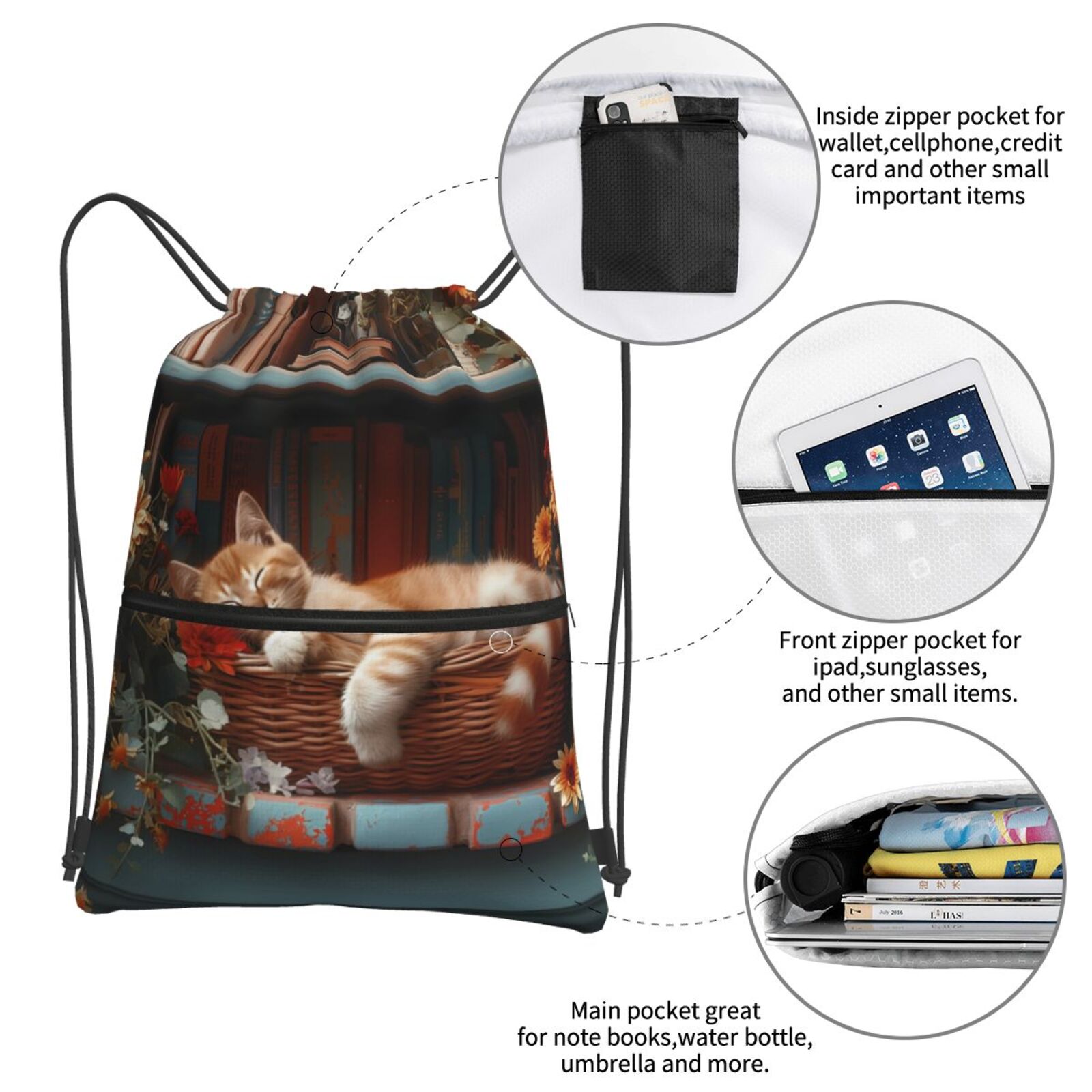 Xecao Cat Asleep Among Flowers for Drawstring Bags,Pull String Backpack Bags,String Bag Sackpack