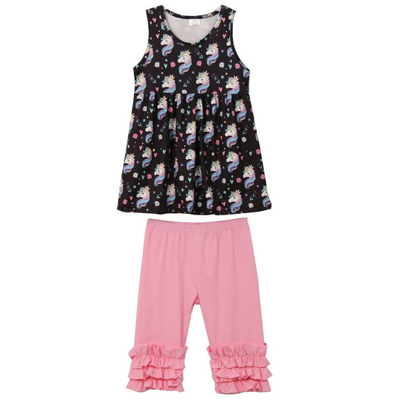 Toddler Girls 2 Pieces Tank Top Short Set Unicorn Heart Star Ruffles Pants Outfit Black 2T XS (P318138P)
