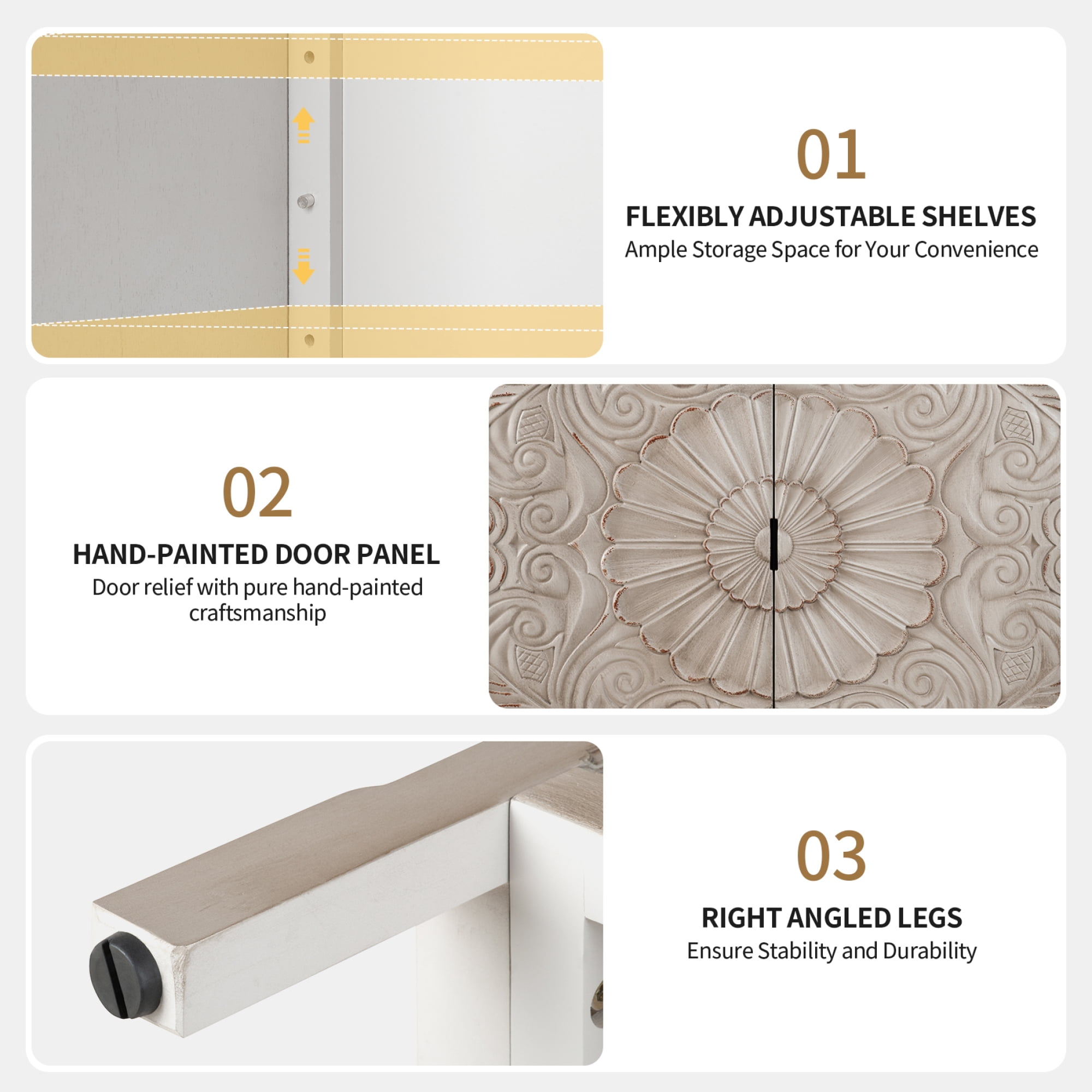Leumius Accent Cabinet, Wooden Storage Cabinet with Drawer & Doors, Floral Embossed Sideboard with Gold Handles for Entryway Living Room Natural