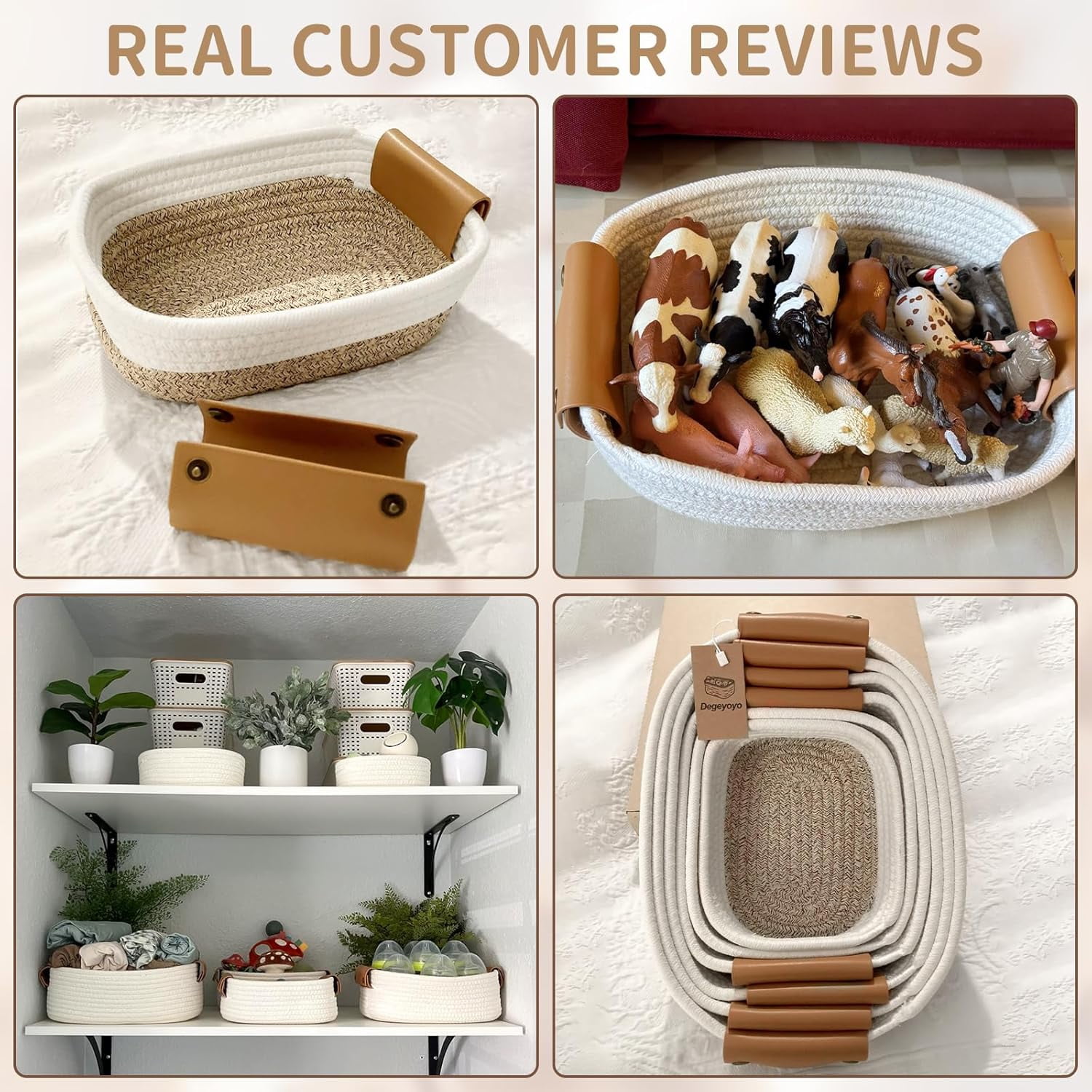 Natubeau Set of 6 Cotton Rope Woven Storage Baskets for Organizing, 4 with Leather Handles & 2 Small Gift Baskets, White Bins for Bedroom, Shelves & Nursery