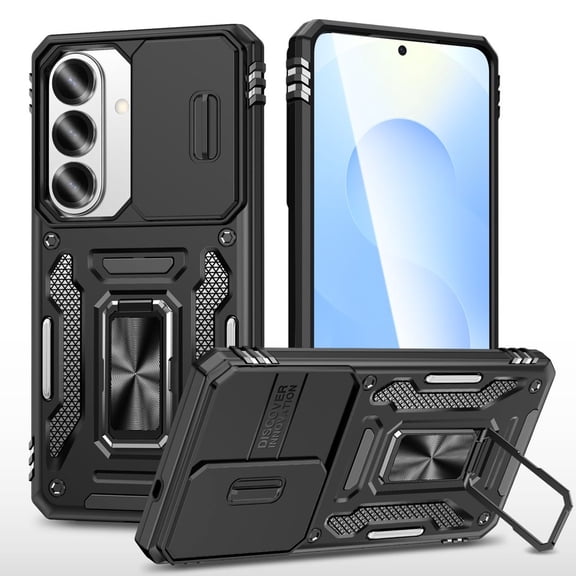 FIEWESEY Compatible with Samsung Galaxy S26 Case Built in Slide Camera Lens Cover Finger Ring Holder Kickstand,Heavy Duty Shockproof Full Body Phone Cover For Samsung Galaxy S26 2026,Black