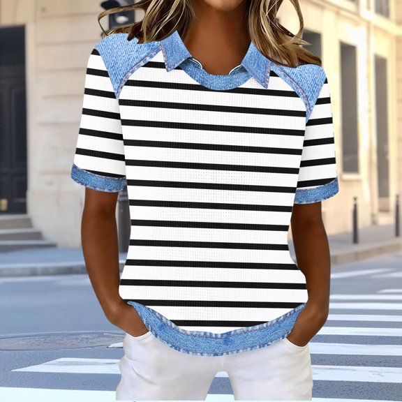 CLOISE Womens Pullover Tops Short Sleeve Plus Size Shirts Collared Casual Tshirt Striped Loose Summer Blouses White