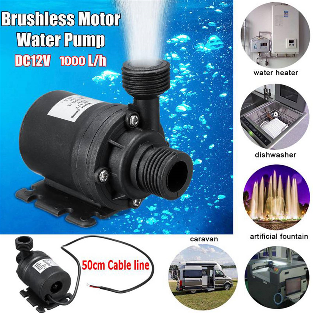 3X 1000L/H 8M DC 12V Home Portable Brushless Motor Submersible Water Pump for Cooling System Fountains Heater Mini