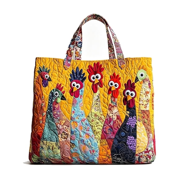 Lypsnake Women Quilted Patchwork Chicken Tote Bag, Large Capacity Colorful Floral Fabric Shoulder Bag, Casual Reusable Handbag for Shopping Grocery Travel
