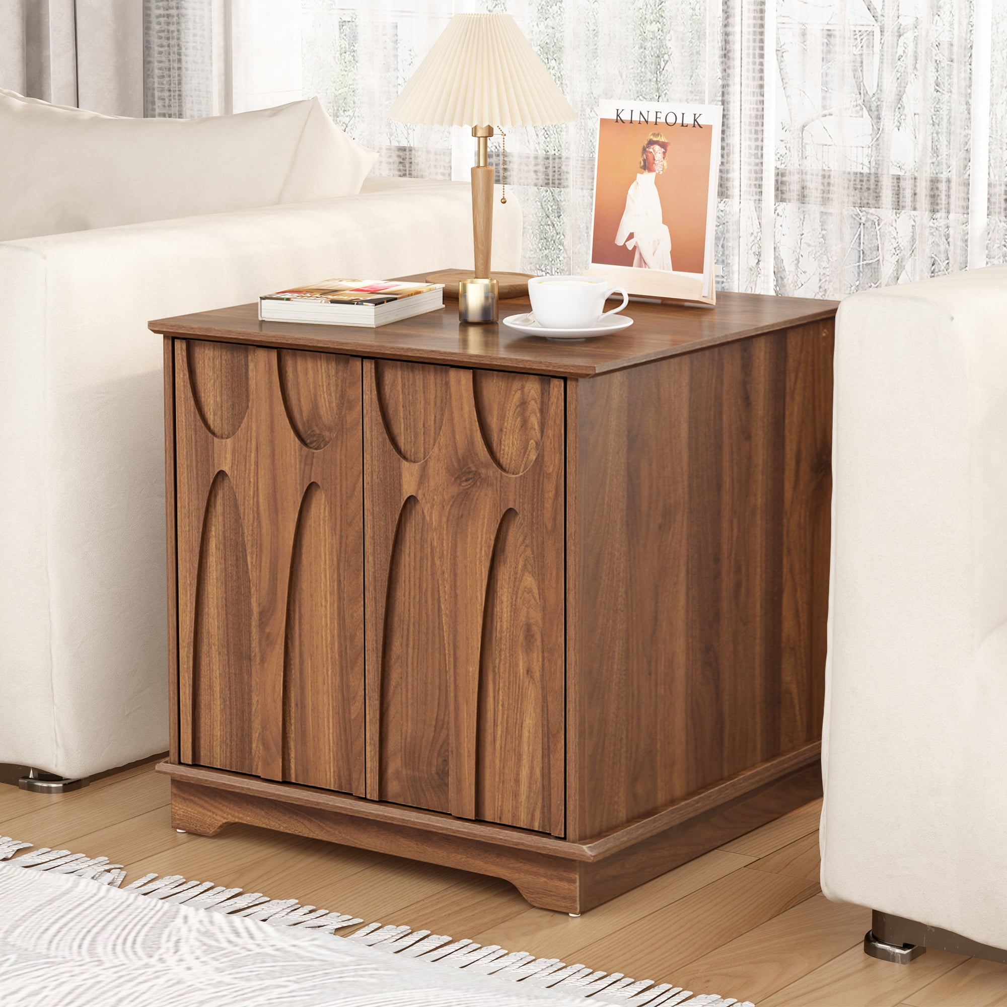 LEFHDA 24" Large Square End Table with Storage — Mid Century Modern Sofa Side Table, Nightstand with Doors/Drawer & Adjustable Shelf for Living Room, Bedroom, Office