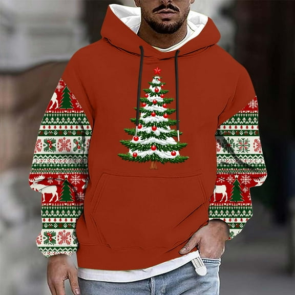 Handshe Men's Christmas Print Hooded Long-Sleeve Sweatshirt, Warm and Comfortable for Holiday Festivities and Everyday Casual