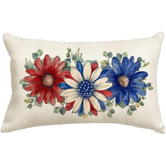 4th of July Patriotic Throw Pillow Covers,12x20 Inch Memorial Day Red White and Blue Floral Outdoor Lumbar Cushion Case Decoration for Home Couch(6-12)(12"x20")