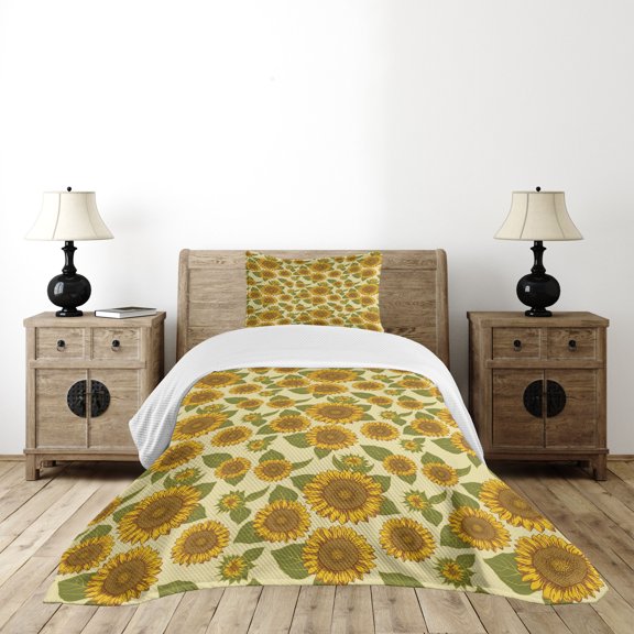 Ambesonne Vintage Quilted Bedspread Set 2 Pcs, Funky Style Sunflower, Twin Size, Green Yellow