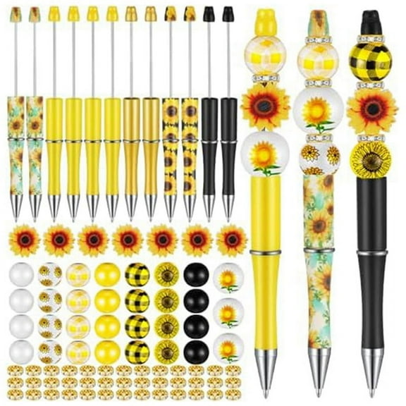 12 Pack Plastic Beadable Pens Assorted Bead Pens Wood Beads Crystal Spacer Beads Set Round Beads Black Ink Ballpoint Pen