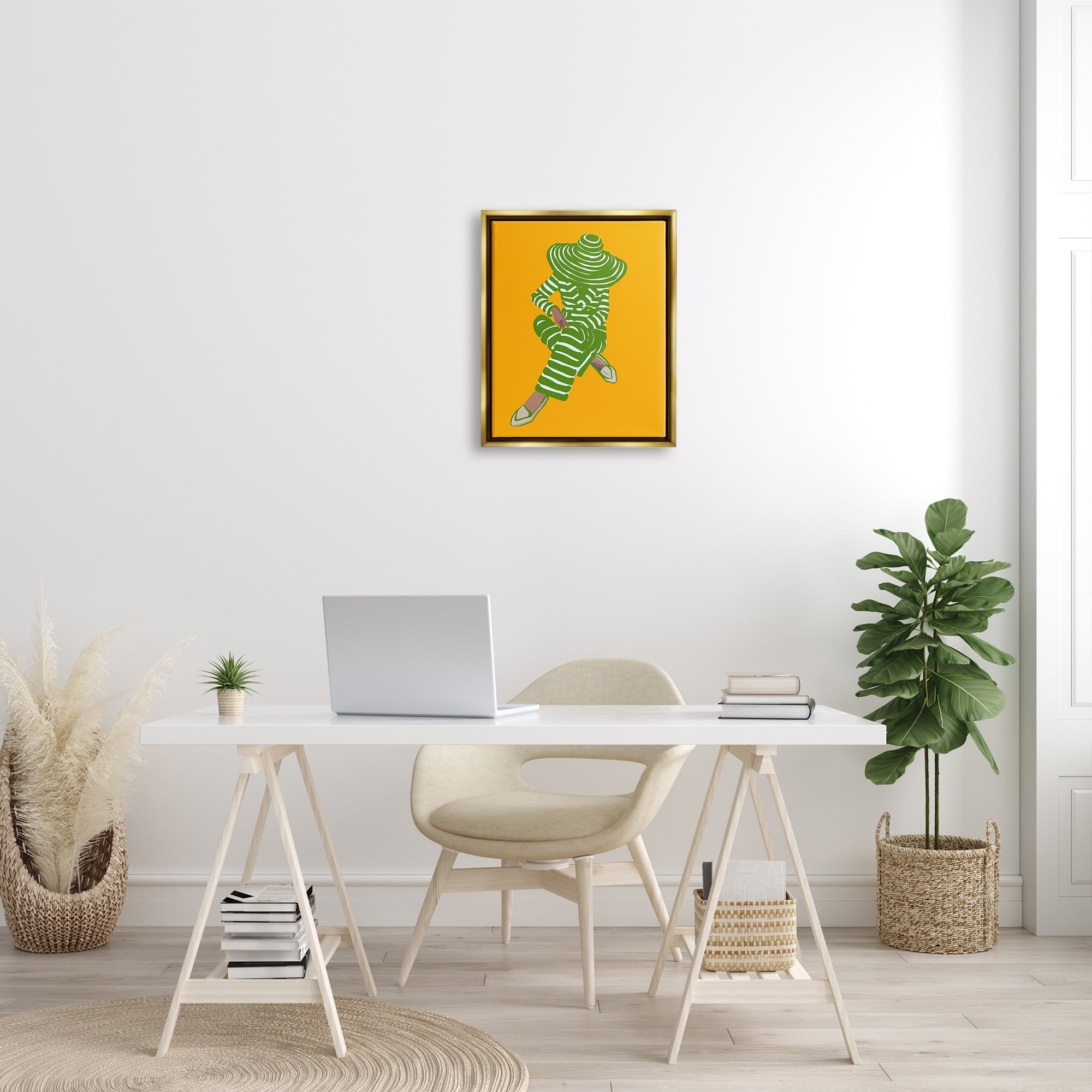 Stupell Industries Patterned Stripes Fashion Outfit Modern Woman Sitting Graphic Art Metallic Gold Floating Framed Canvas Print Wall Art, Design by Amelia Noyes
