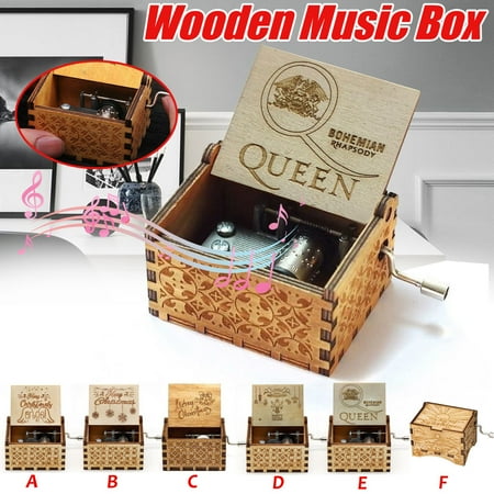 Merry Christmas Fonts Style Vintage Music Box Wood Hand Cranked Music Box Merry Christmas Music Box Desktop Home Crafts Decor Christmas Gift ()