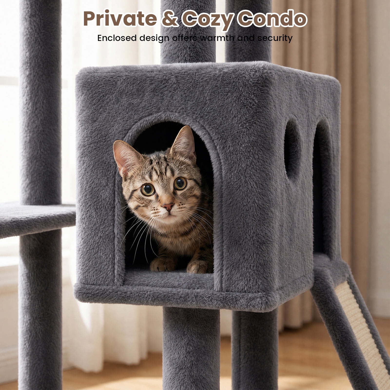 70" Cat Tree Tower, Heavy Duty Cat Tower for Multiple Adult Cats, Multi-Level Tall Cat Tree with 2 Condos, Hammock and Scratching Post for Indoor Kitties, Light Grey