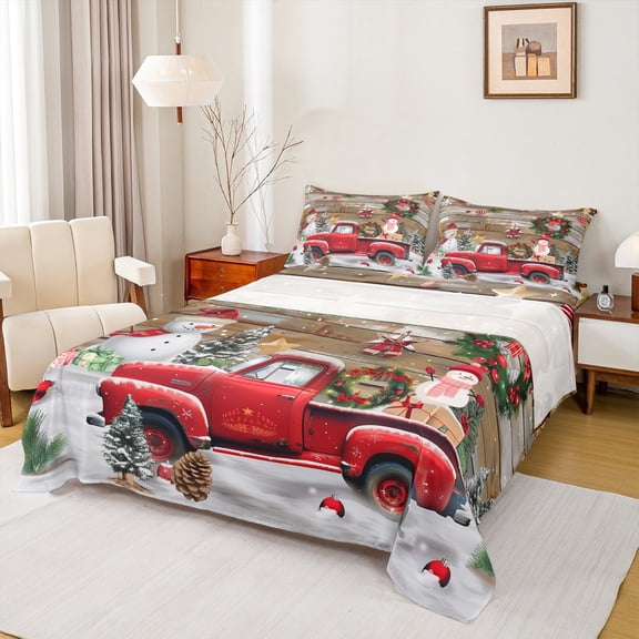 Manfei Xmas Red Truck Full Size Sheets 4-Piece, Christmas Snowman Bed Sheets, Merry Xmas Sheet Sets, Ultra Soft Home Decor
