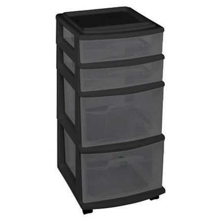 Plastic 4 Drawer Medium Cart Black Frame With Smoke Tint Drawers
