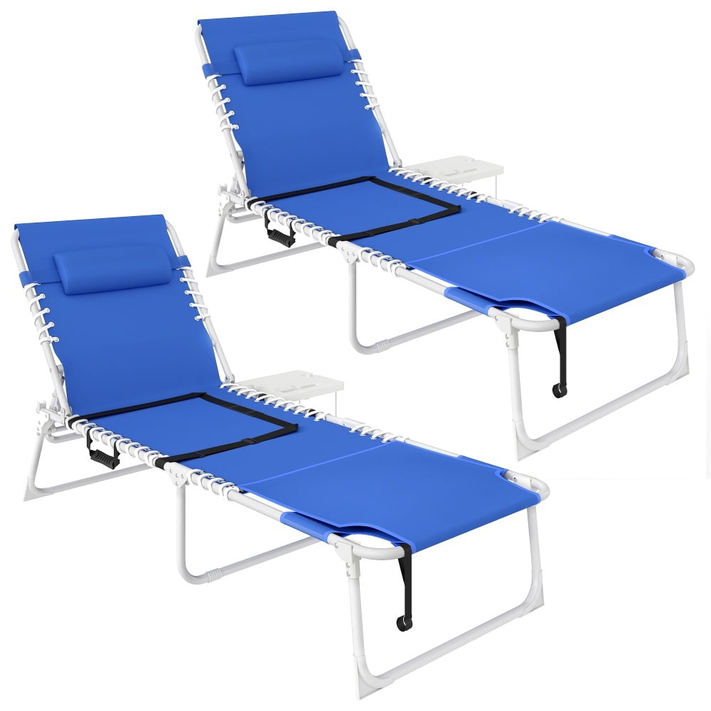4-Piece Outdoor Patio Lounge Set 2 Folding Beach Loungers & 2 Side Tables 5-Position Adjustable Backrest with Face & Arm Holes Breathable Mesh Portable Pool Chairs with Carry Strap