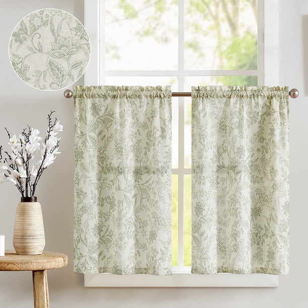 Cortinas jinchan estampadas florales para cocina, 2 paneles de lino de 36 cm, color verde