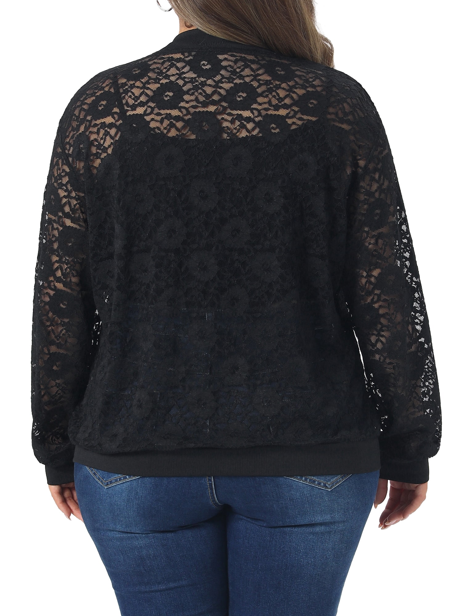 DARING DIVA Women's Plus Lace Zip Up Long Sleeve Lightweight 2X Black