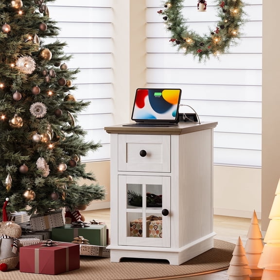 FAGAGA Farmhouse End Tables with Charging Station for Living Room,Nightstand with Drawer for Bedroom,White