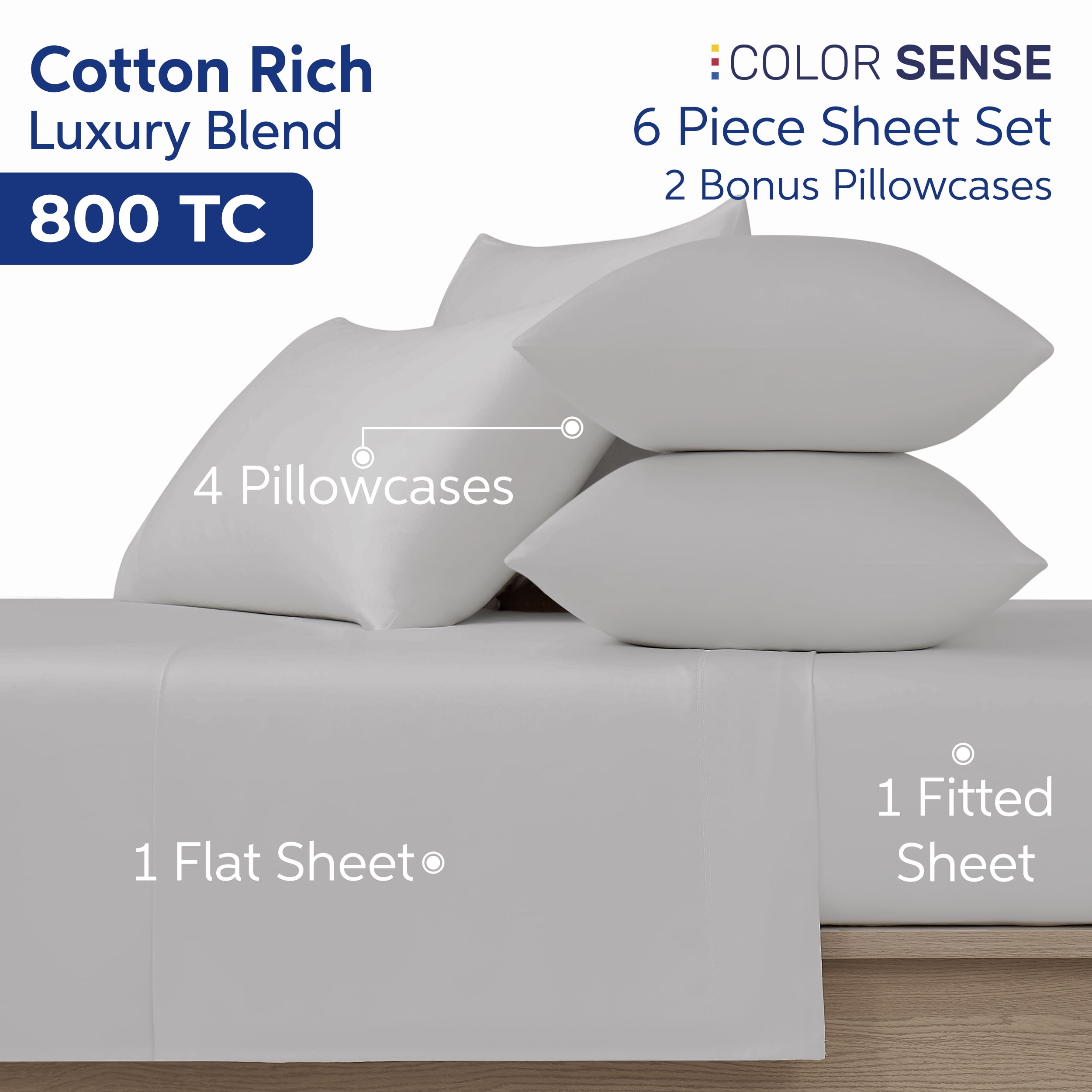Color Sense 6-Piece 800 Thread Count Silver Cotton Rich Adult Bed Sheet Set, Full - Deep Pocket