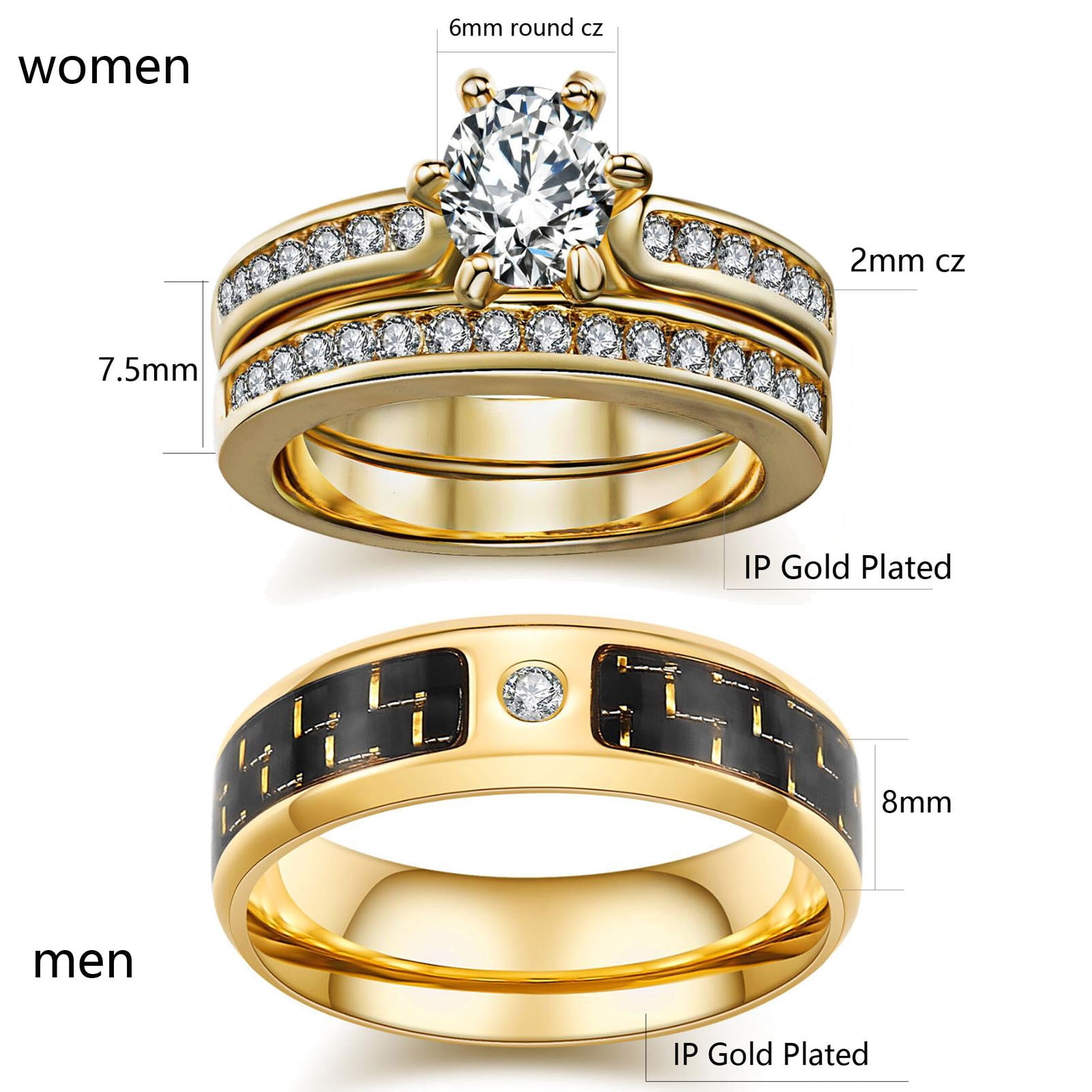 Matching Rings Couple Rings Yellow Gold Plated 1CT AAA Cz Women Wedding Ring Sets