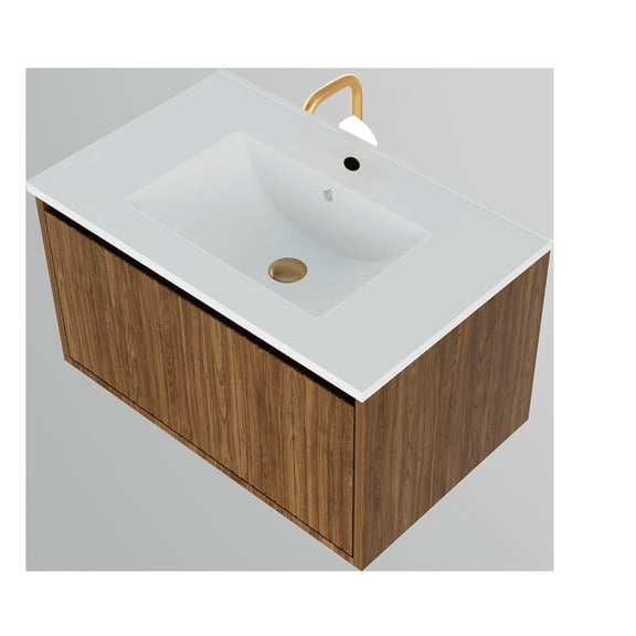 Kadyn 30 Inch Modern Bathroom Vanity Cabinet, Wall Mounted Floating Design with Ceramic Sink and Storage Drawers, Walnut