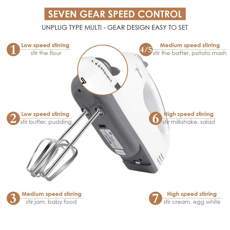 Hand Mixer Electric, 7 Speeds Selection Portable Handheld Kitchen Whisk,  Lightweight Powerful Handheld Electric Mixer Stainless Steel Egg Whisk with  2 Beaters & 2 Dough Hooks for Cake, Baking, Cooking 