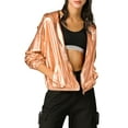 thumbnail image 4 of INSPIRE CHIC Women's Jacket Shiny Long Sleeve Lightweight Zipper Hooded Metallic Jacket XS Golden Brown, 4 of 9