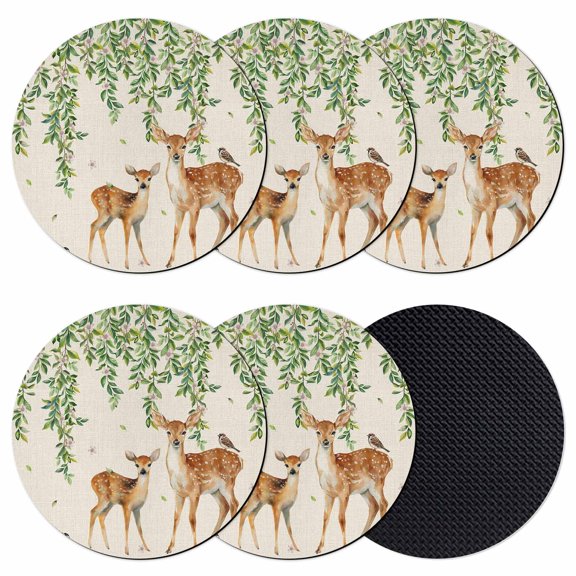 Botanical Coasters Set of 6, Absorbent Coasters for Drinks, Spring Leaves Flowers Deers Birds Country Biege Coaster for Desk Coffee Table Protection, Home Decor House Warming Gifts 4"