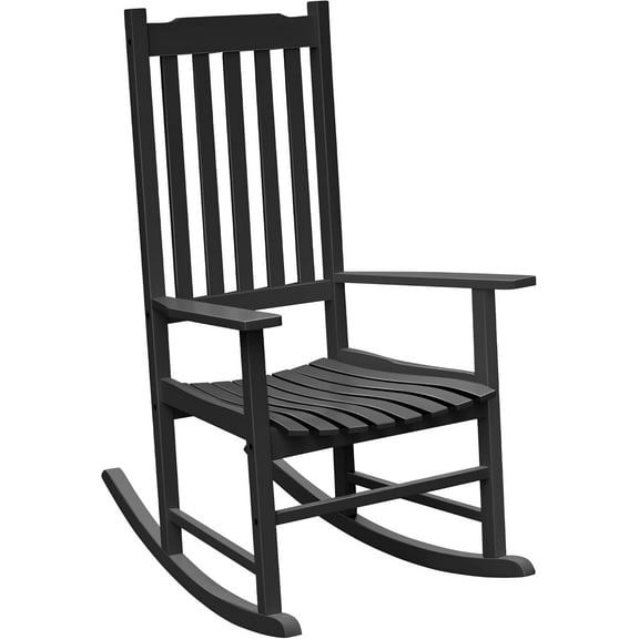 PRZL Outdoor Rocking Chair Oversized Wooden Patio Chairs with Widened Armrest High Back Porch Rocker for Lawn, Garden, Backyard, Fire Pit (Black)