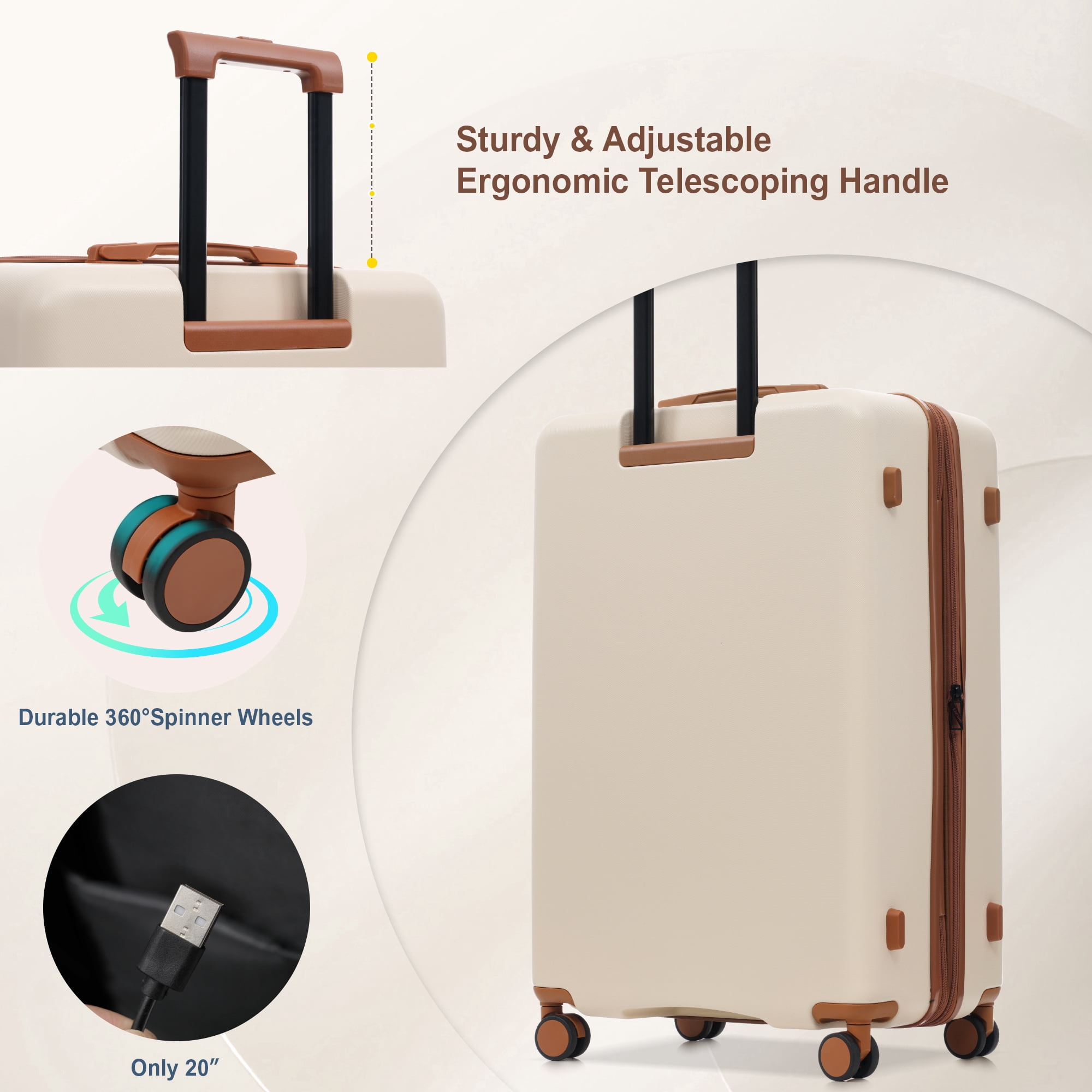 Euroco 5 Piece Front Opening Luggage Sets, Hardside Expandable Carry On Suitcase Set with USB Port,TSA Locks, Spinner Wheels and 2 Bags,Lightweight Travel Luggage for Men Women(20"/24"/28"),White