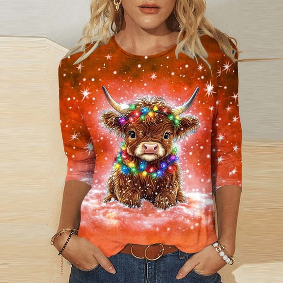 Byworldtasic Women's Oversize Long Sleeve Tops Women's 3/4 Length Sleeve Pullover Tops Round Neck Lightweight Breathable T-shirts Highland Cattle Print Blouses Orange