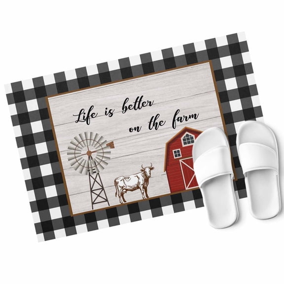 Red Barn Windmill Door Mat Farm Cattle Wood Grain White Black Plaid Non Slip Absorbent Entrance Mat Washable Low Profile Indoor Doormat for Front Door Entryway Entry 18"x30"
