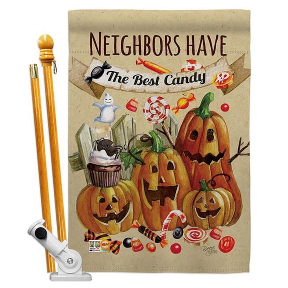 Breeze Decor BD-HO-HS-112067-IP-BO-D-US16-BD 28 x 40 in. Neighbors Candy Fall Halloween Impressions Decorative Vertical Double Sided House Flag Set with Pole Bracket Hardware