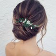 thumbnail image 4 of Granjero Gordo Horquilla de flores para novia, tocado de perlas de cristal, joyería para el cabello de boda dorada (verde), 4 of 5