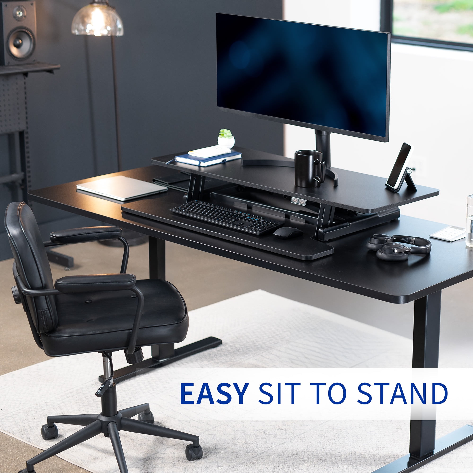 VIVO Black Electric 42" Standing Desk Monitor Riser, Dual Arm Sit Stand Tabletop
