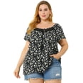 thumbnail image 4 of Women's Plus Size Tops Dense Floral Square Tassel Tie Neck Loose Blouse Black 4X, 4 of 7