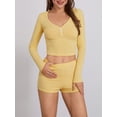 thumbnail image 6 of ZAXARRA Women's Summer Ribbed Loungewear Set, Solid Color Long Sleeve V-Neck Button Front Cropped Tops + Shorts 2 Pieces Sleepwear, 6 of 9