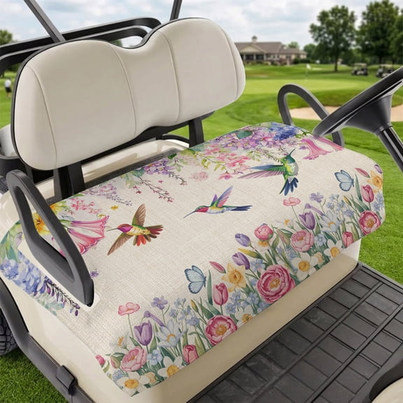 Golf Cart Seat Covers for 2 Seater,Watercolor Flowers Microfiber Cart Seat Towel Blanket,Spring Hummingbird Butterflly Floral Beige Absorbent NonSlip Bench Seats Protector for Golf Course 51"x31"