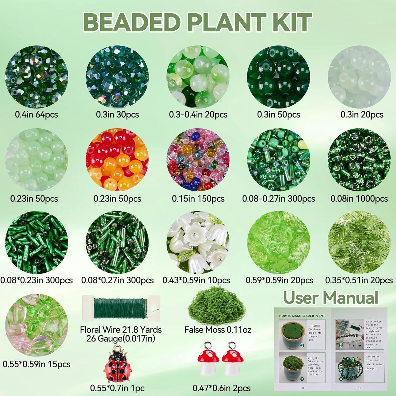 Green Glass Beaded Plant Kit, Forever Plant Beaded Leaf Flower Beads for Succulent Plant Jewelry Making and DIY Crafts