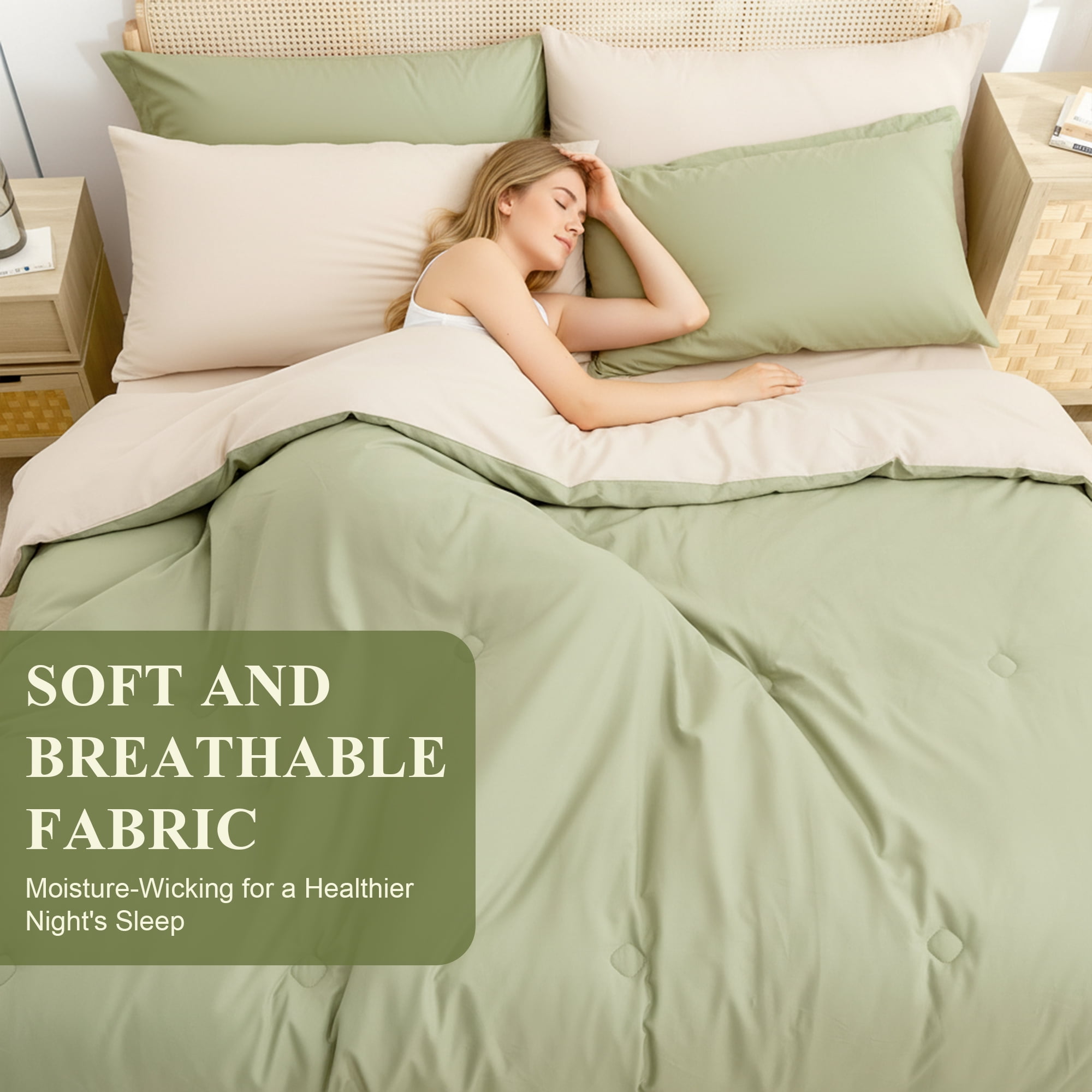 BDEUS 7 Pieces Comforter Set Full，Bed in A bag，All Seasons Bedding sets with Comforter,Fitted Sheet,Flat Sheet,Pillowcases & Shames，Sage green