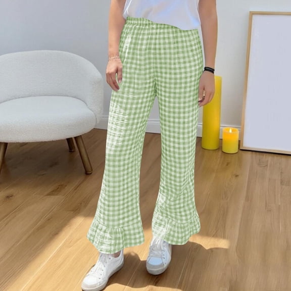 Cutuoiiu Women's Casual Soft Wide Leg Pants Plaid Print Elastic Waist with Pockets Ruffle Hem for Loungewear Sleepwear Gifts