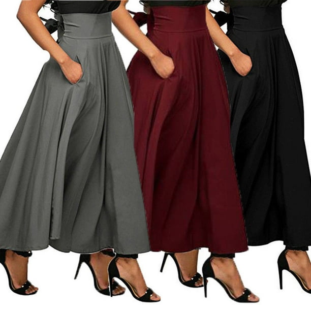 Bagilaanoe High Waist Pleated Long Skirts Women Flared Full Maxi Skirt ...