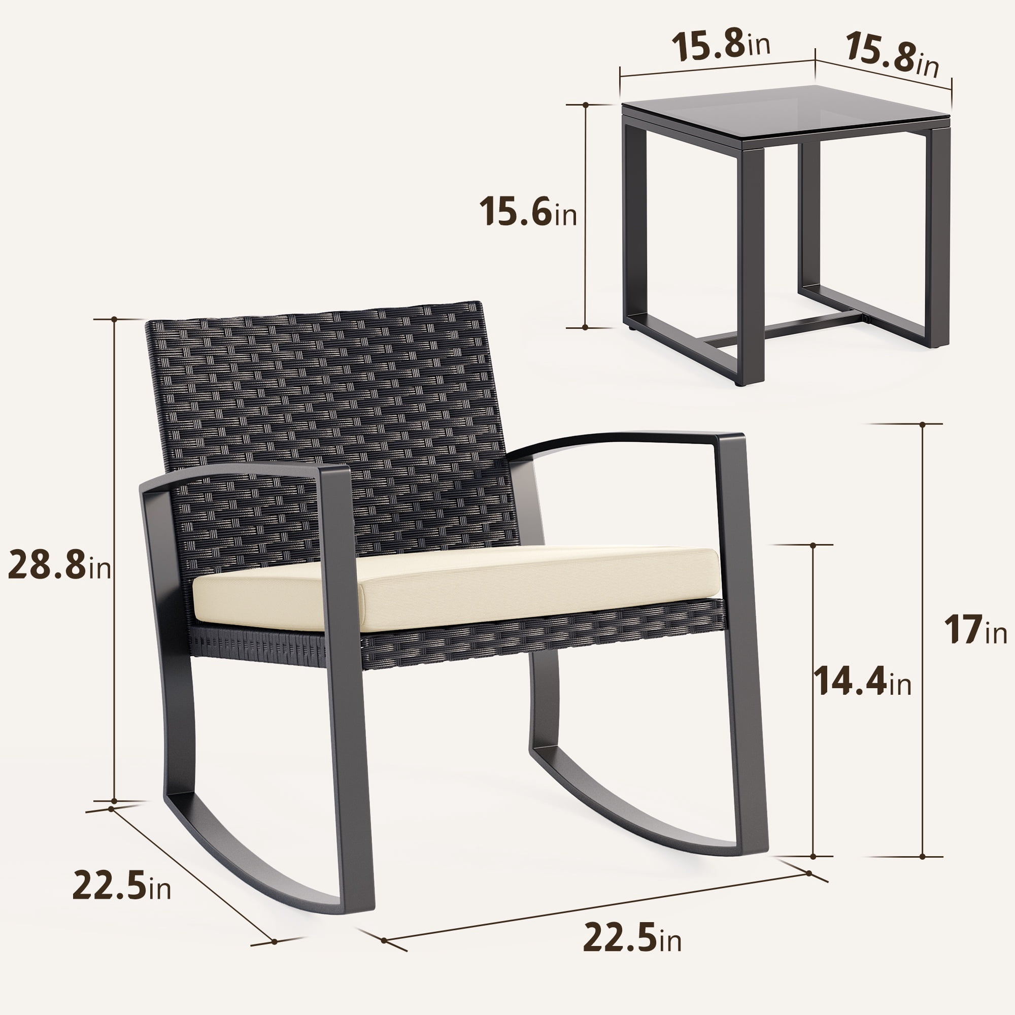 Patio Furniture Set, Asofer Rocking Wicker Chair with Soft Cushion and Coffee Table, for Garden, Balcony, Backyard, Black