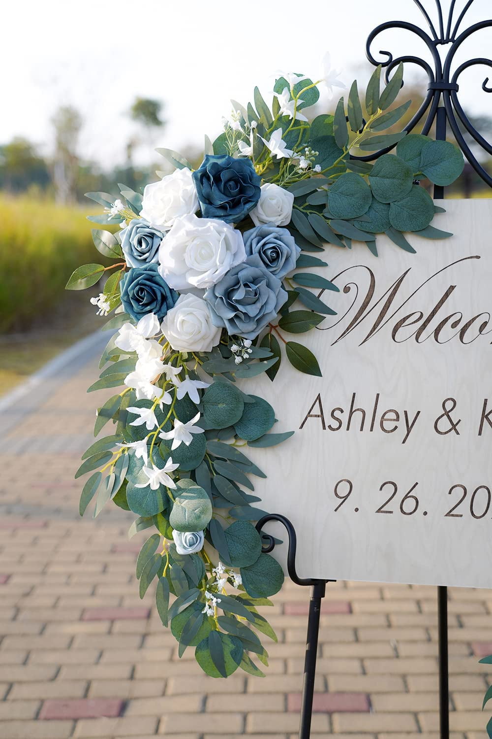 Auto Beyond Wedding Arch Flowers , Artificial Dusty Blue Flowers & Welcome Signs Decorations for Wedding Ceremony Reception(Pack of 2)