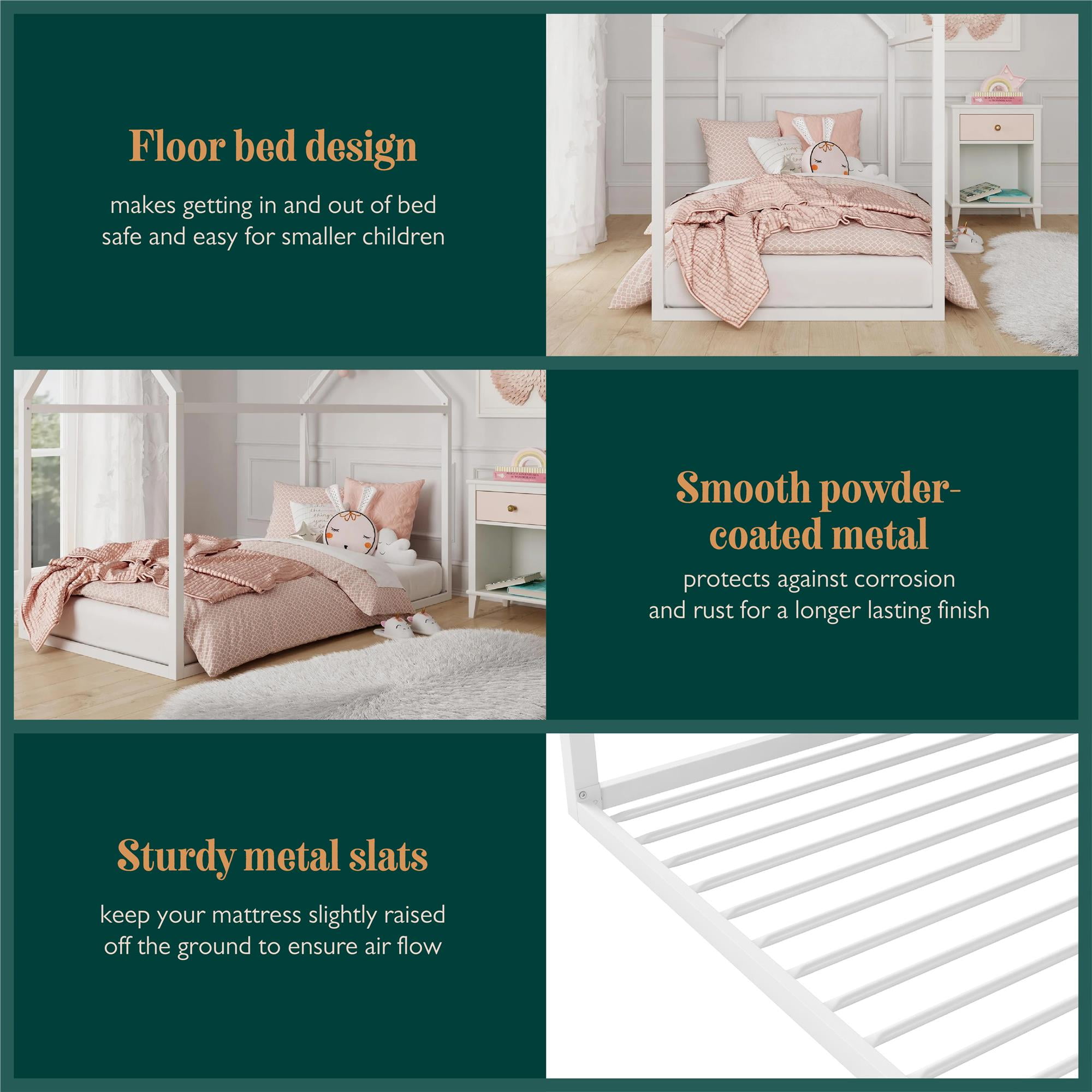Max & Finn Skyler Metal Montessori House Bed, Twin, Off White