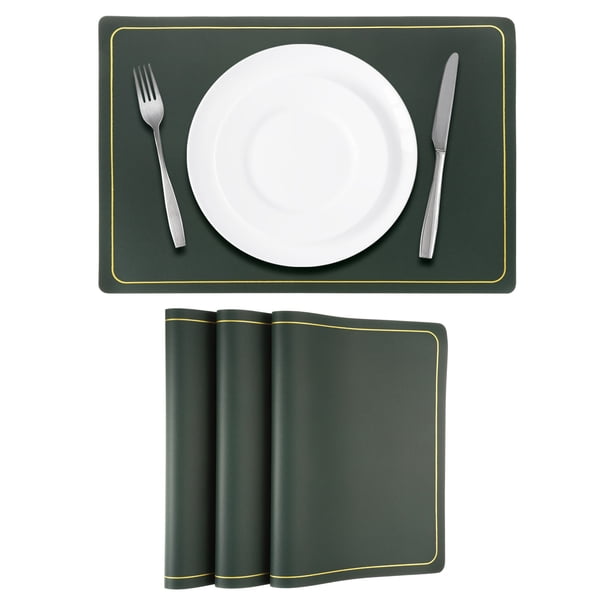 4 Piezas de Manteles de Cuero Sintético para Mesa de Cena, Manteles Rectangulares Resistentes al Calor (Línea Verde Dorada)