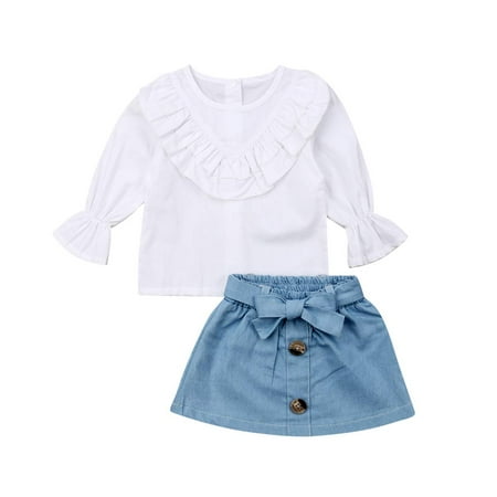 

2Pcs Toddler Kids Baby Girl Long Flare Sleeve Ruffle Tops+Short Denim Bowknot Skirts Fall Outfit Clothes Set