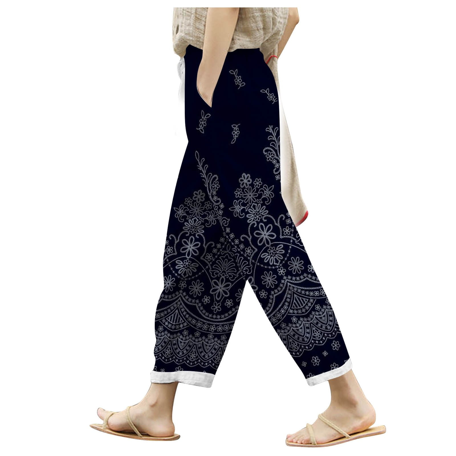Pants for Women Casual Summer Trousers Floral Print Drawstring