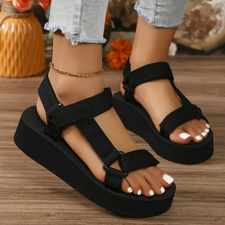 Women s Black Pattern Ribbon Decorated Thick Heel Sandals Holiday Style Summer Beach Shoes Wedge Sandals