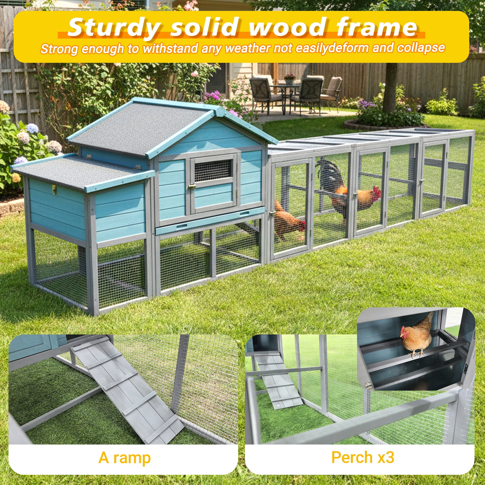 141＂Large Wooden Chicken Coop,21.2ft² Outdoor Hen House with Nesting Box,Wire Fence, Waterproof & Anti-UV Panel,Poultry Cage